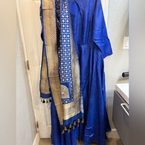 Indian Punjabi Royal Blue Anarkali floor length Kurta with Gold-Trim Dupatta
